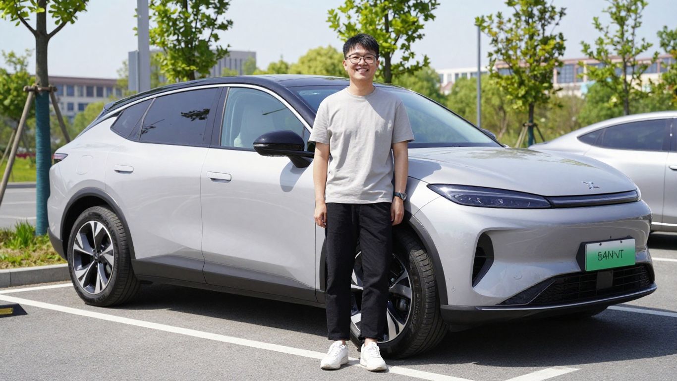 Zufriedene Person vor neuem Auto