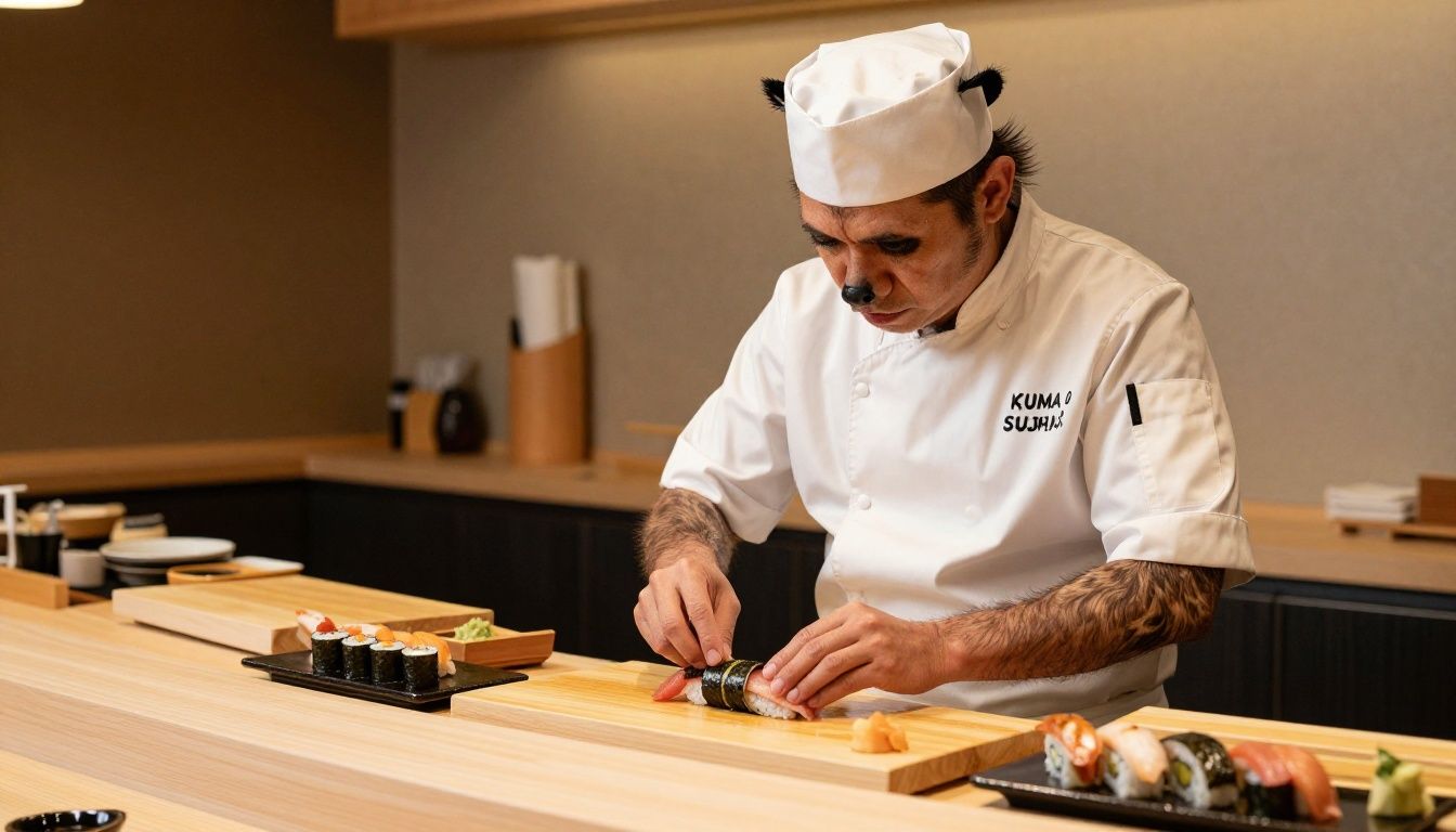 Kuma Sushi Bar com um urso chef preparando pratos de sushi em um restaurante acolhedor