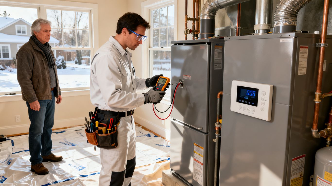 Technician inspecting a furnace in warm home