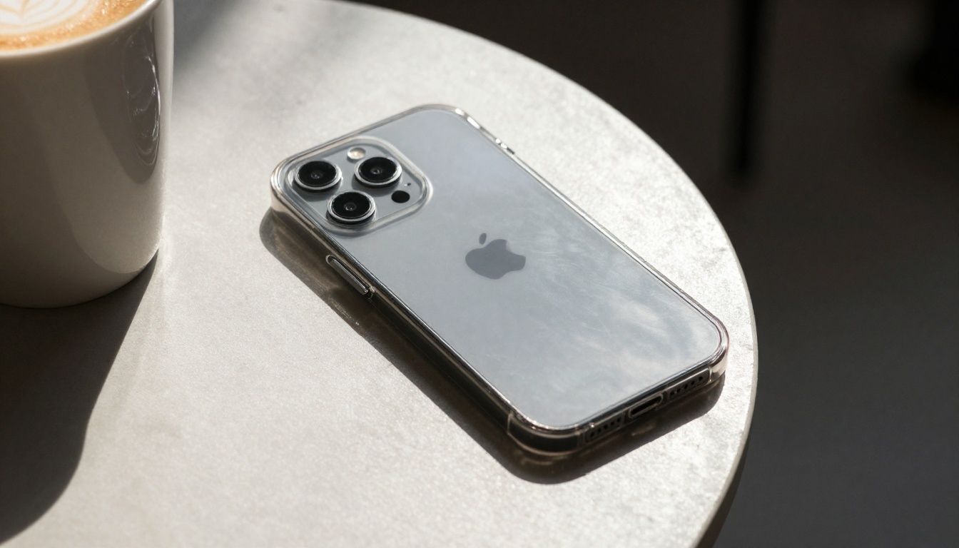 A person casually browsing their iPhone 17 in a minimalist clear case while sitting at a sunlit cafe table.
