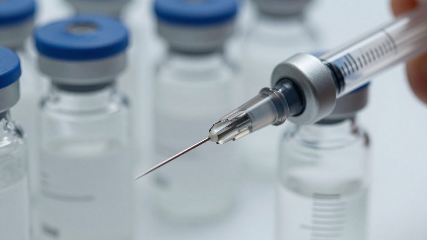 Peptide syringe ready for injection, close-up view.