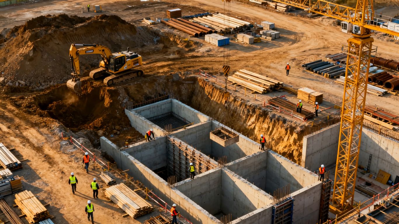 Aerial drone view of active construction site