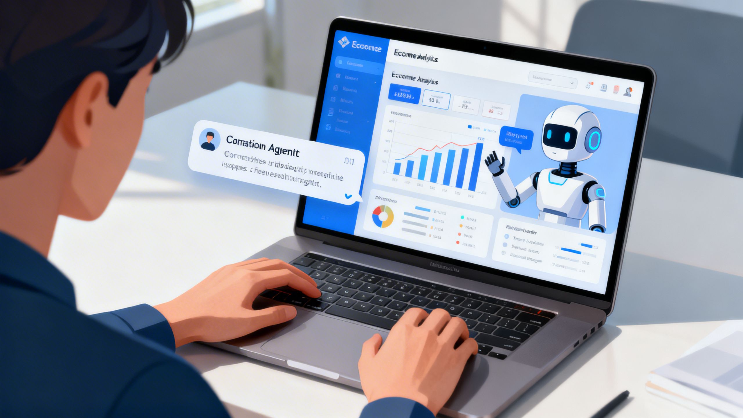 A user interacting with a conversational agentic AI for eCommerce analytics on a laptop screen.