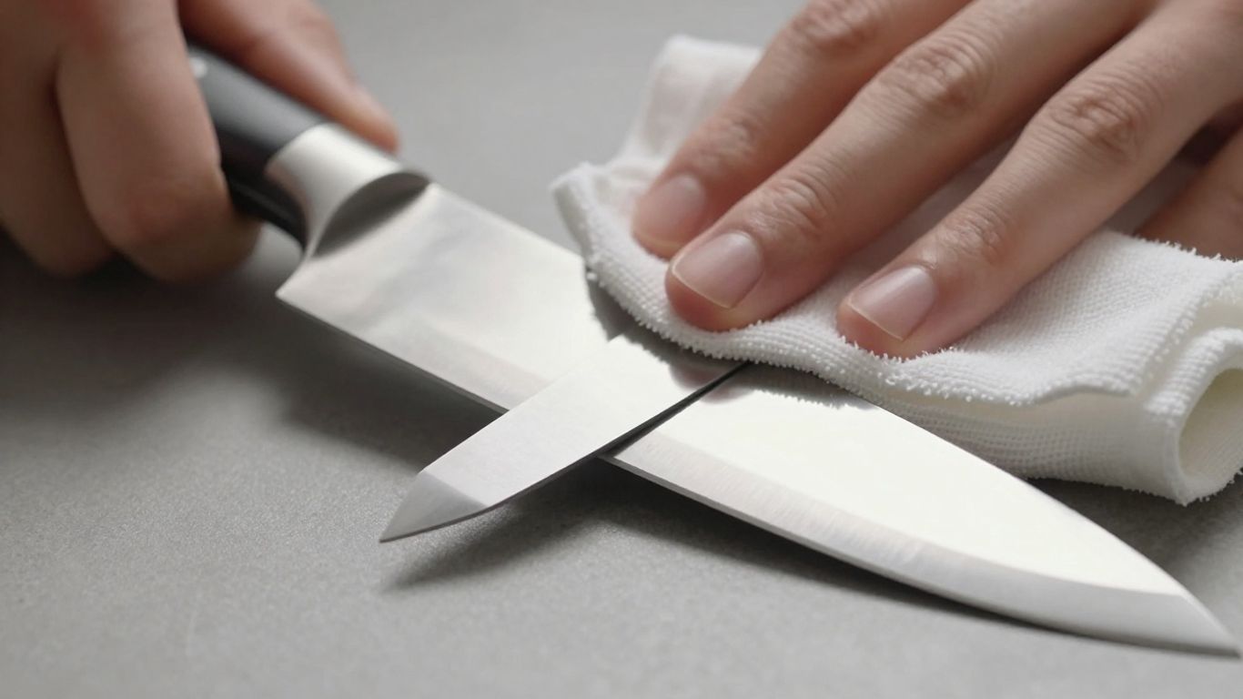 Clean knife blade being wiped with a cloth.