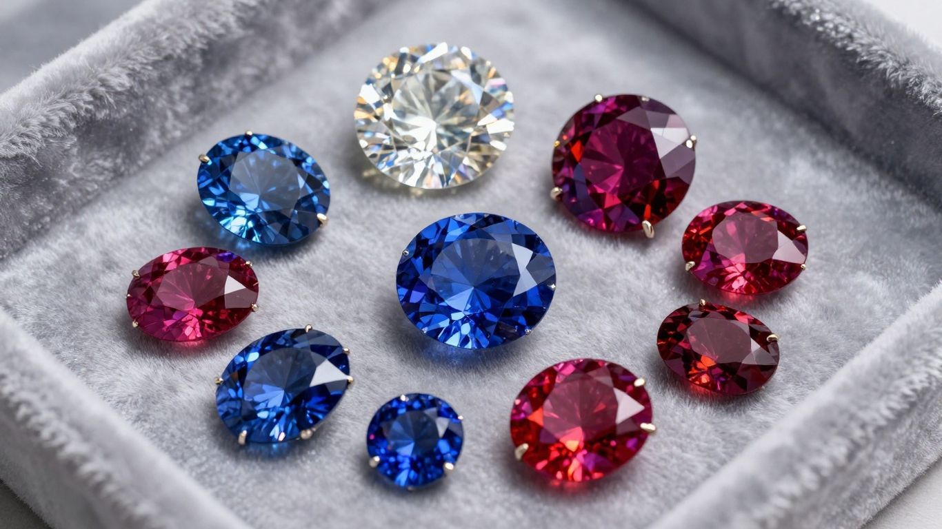 Assortment of colorful, sparkling gemstones on velvet.