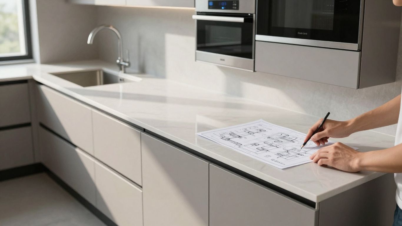 Modern kitchen with an installer examining plans.