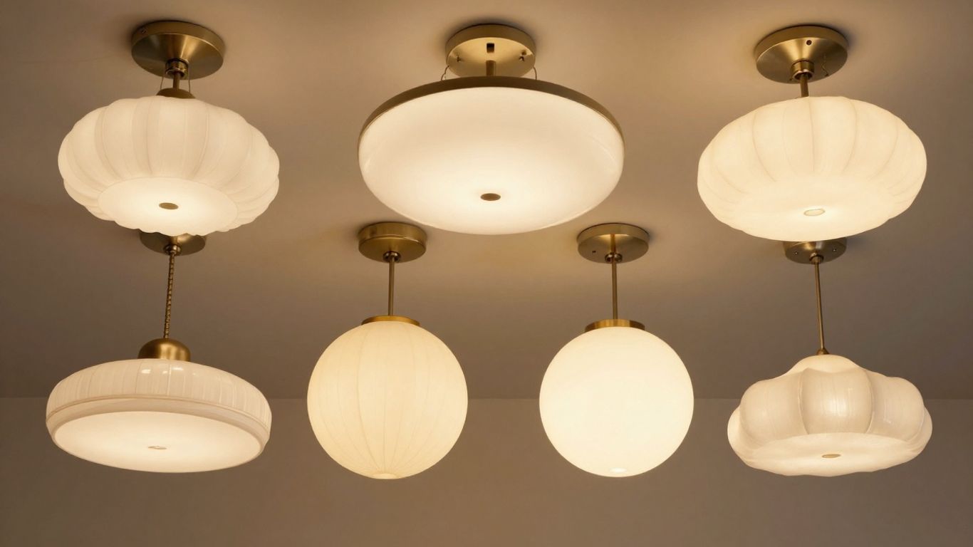 Various Dunelm ceiling light shades in different styles.