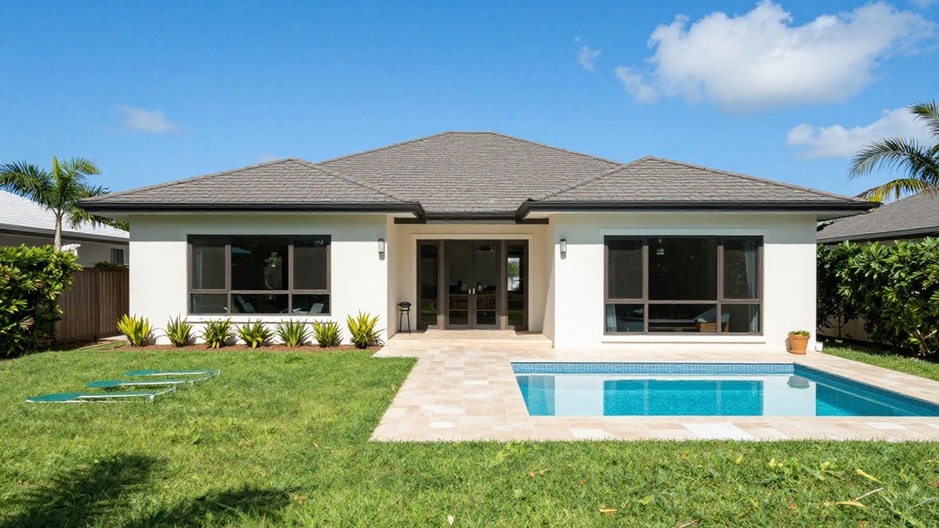 Casa vacacional moderna con piscina y cielo azul.