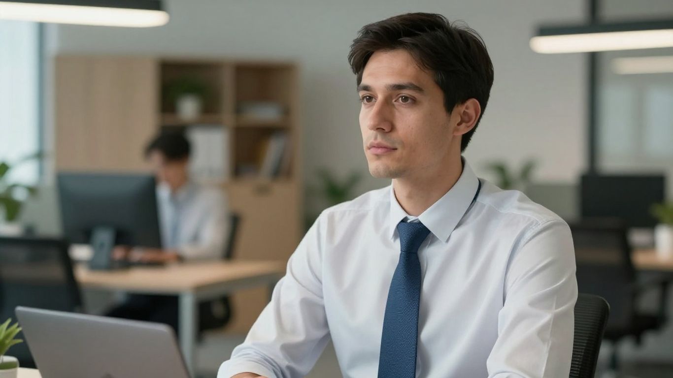 Mann im Büro mit dezenten blauen Akzenten
