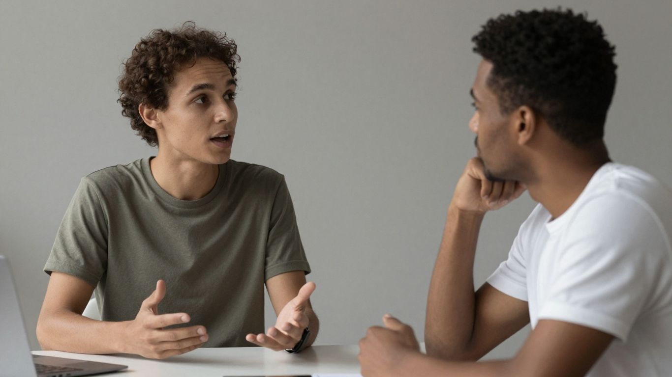 Persoană asertivă comunicând respectuos cu alta.