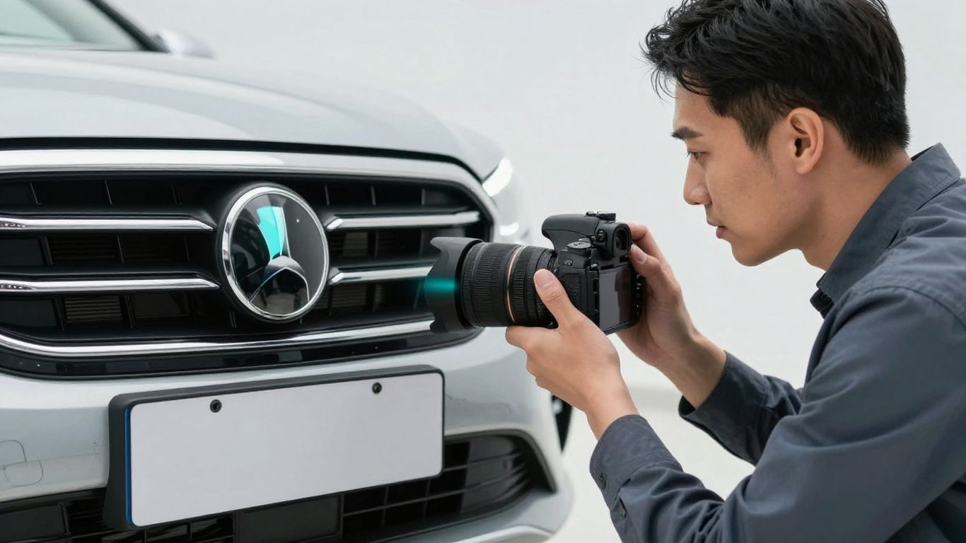 Gutachter fotografiert Kratzer am Auto mit Handschuhen, neutraler Hintergrund.