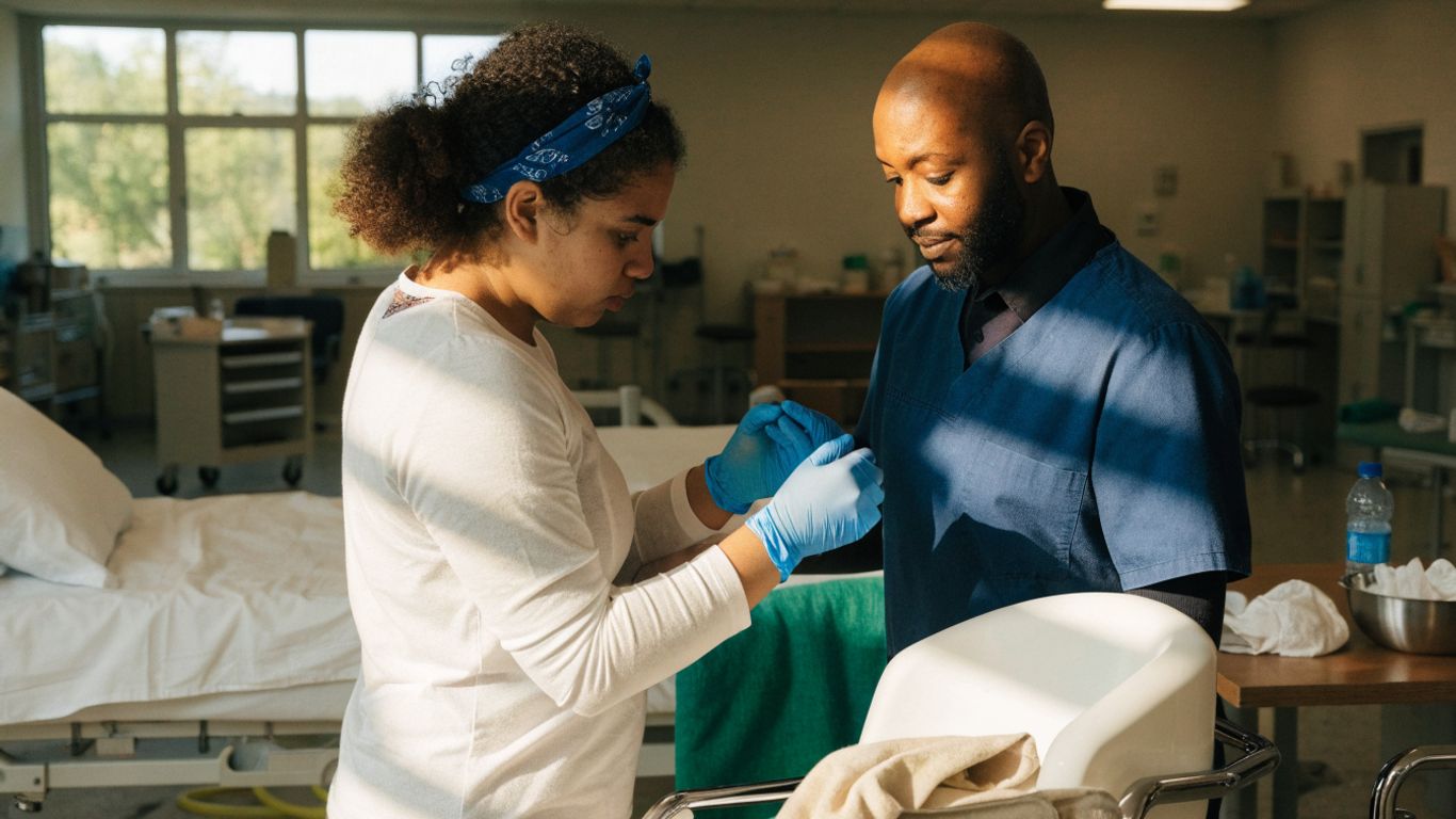 CNA student practicing patient care with an instructor