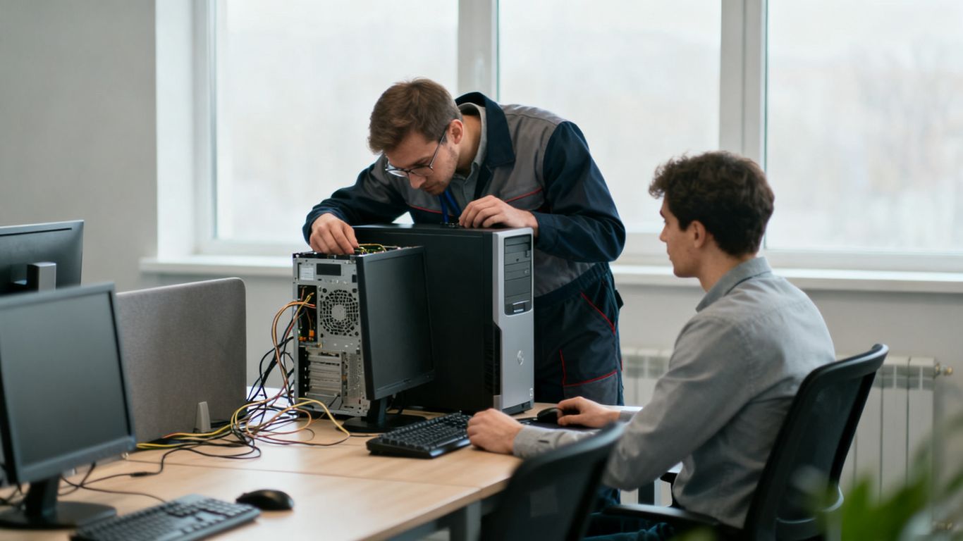 Técnica revisando equipos informáticos en una oficina