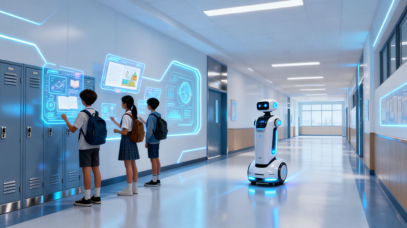 Smart school hallway with digital interfaces and robots.