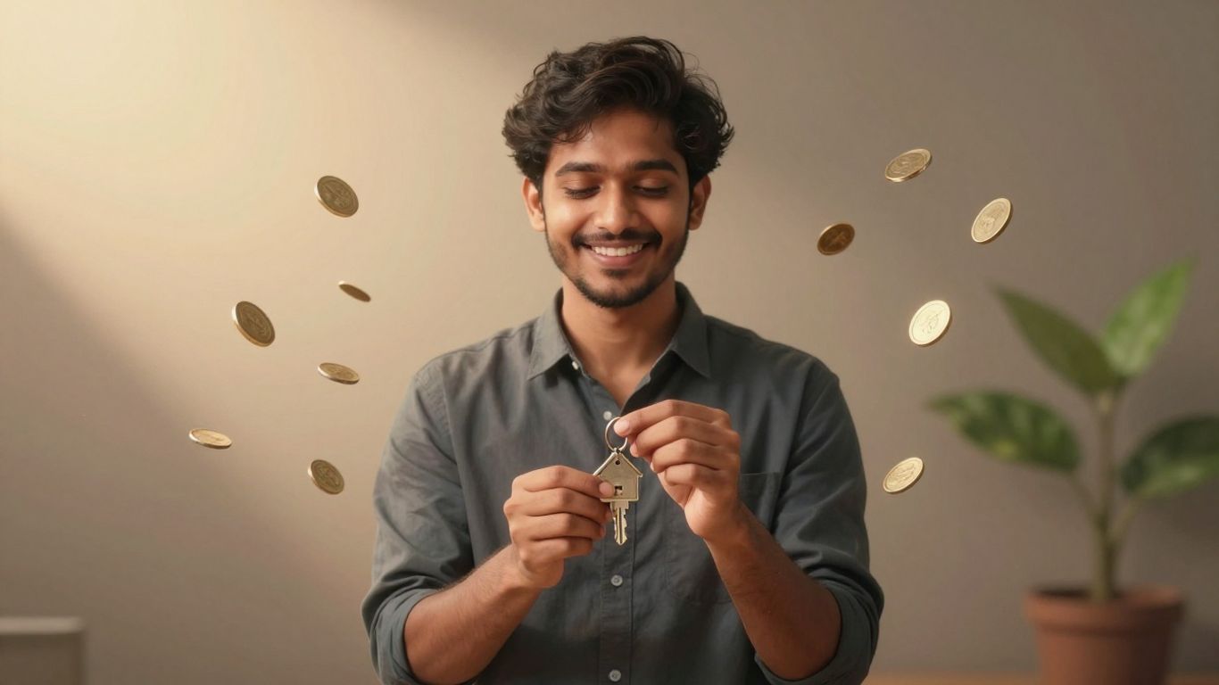 Persona feliz con llave y monedas, seguro de inquilino.