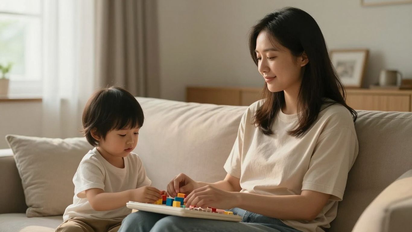 Parent and child in a peaceful, calm home environment.