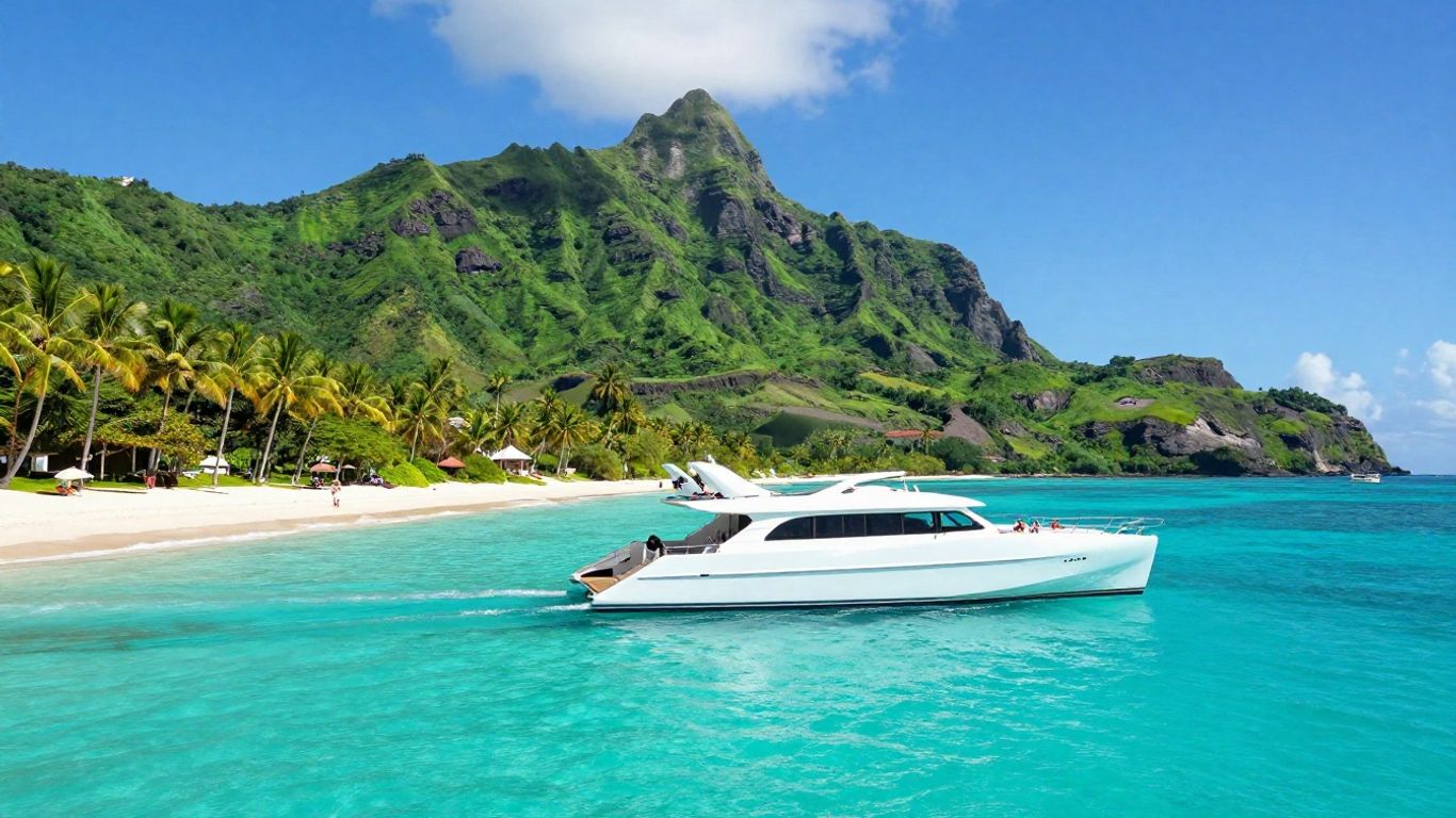 Luxury catamaran sailing in Tahiti with volcanic mountains.