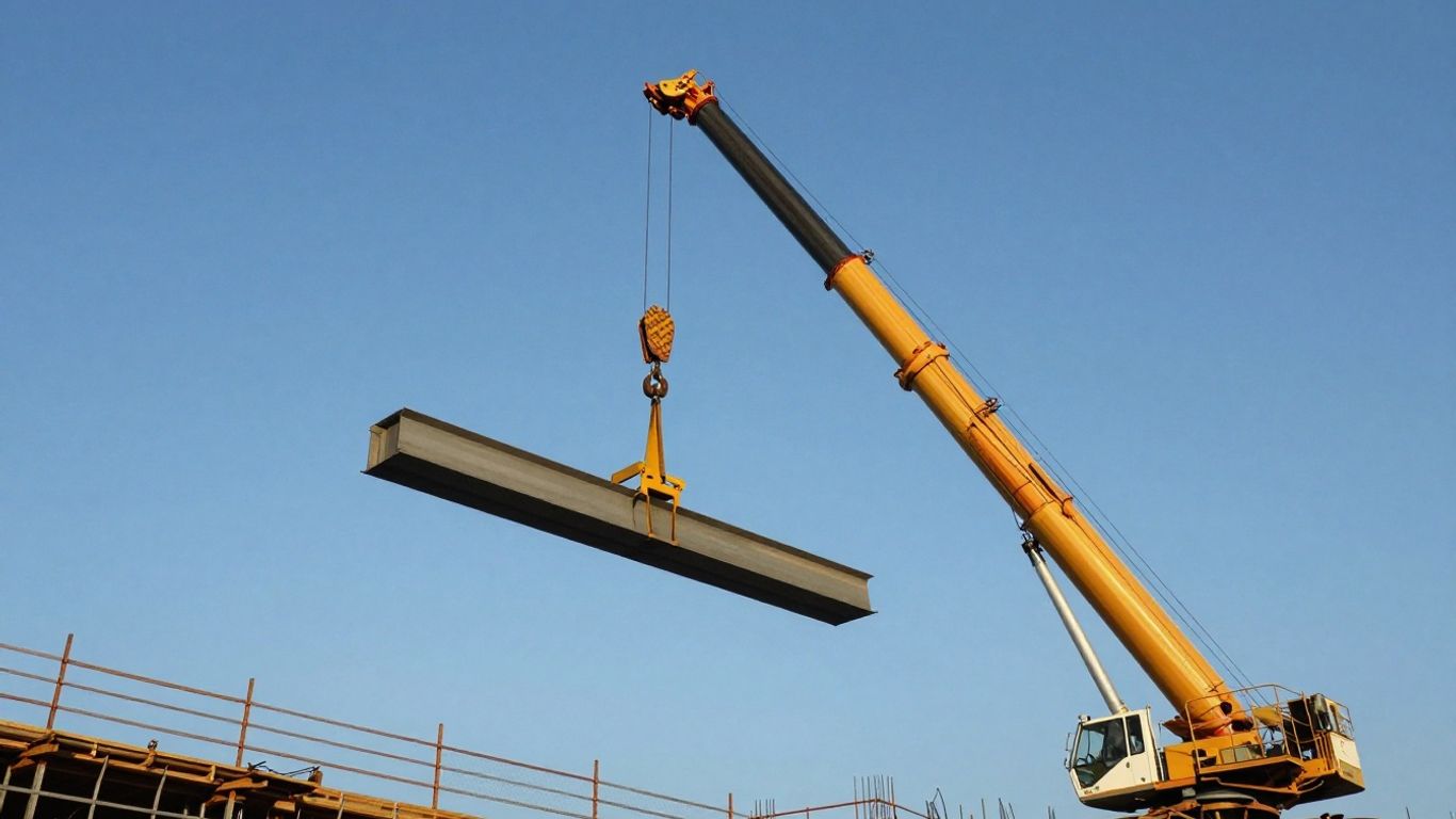Mobile crane lifting steel beam against blue sky.
