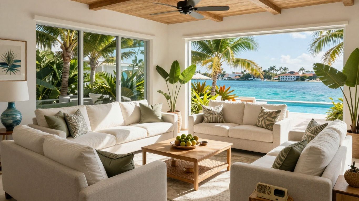 Fort Lauderdale Airbnb interior with tropical decor and pool view.