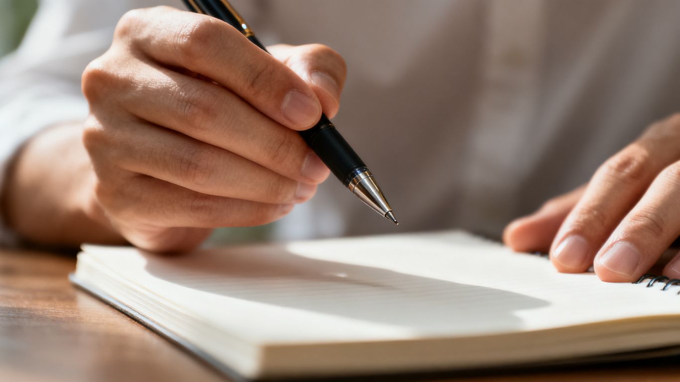 Hands holding a pen over a notebook