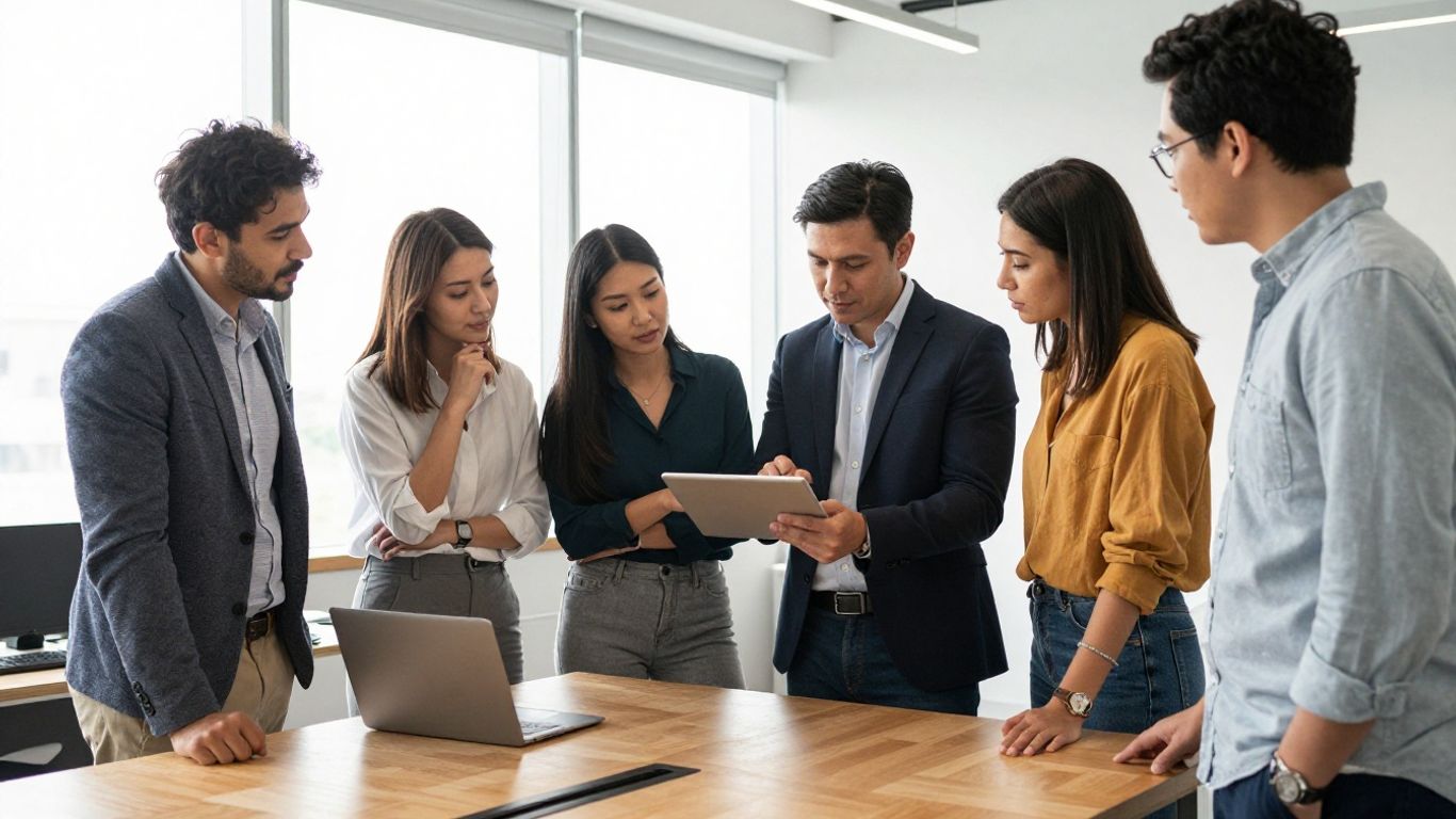A team collaborating in a modern office, showing focus