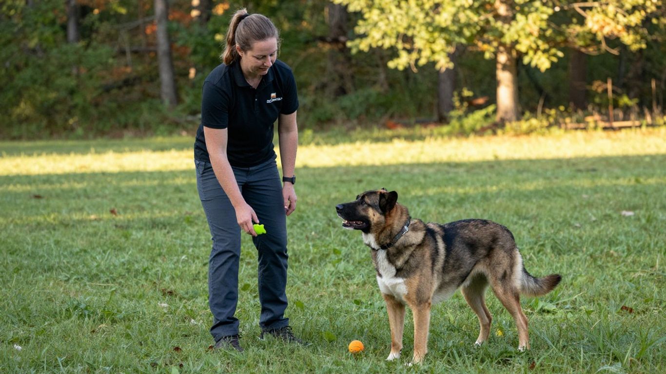 Professional dog handler training working dog outdoors in Tennessee.