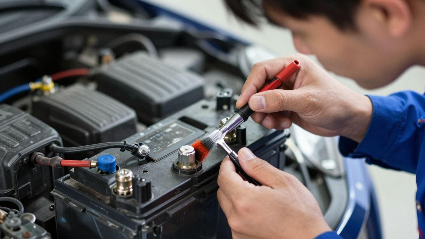 Battery technician inspects terminals