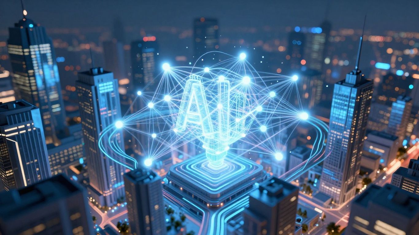 AI influencing search trends in a futuristic city.