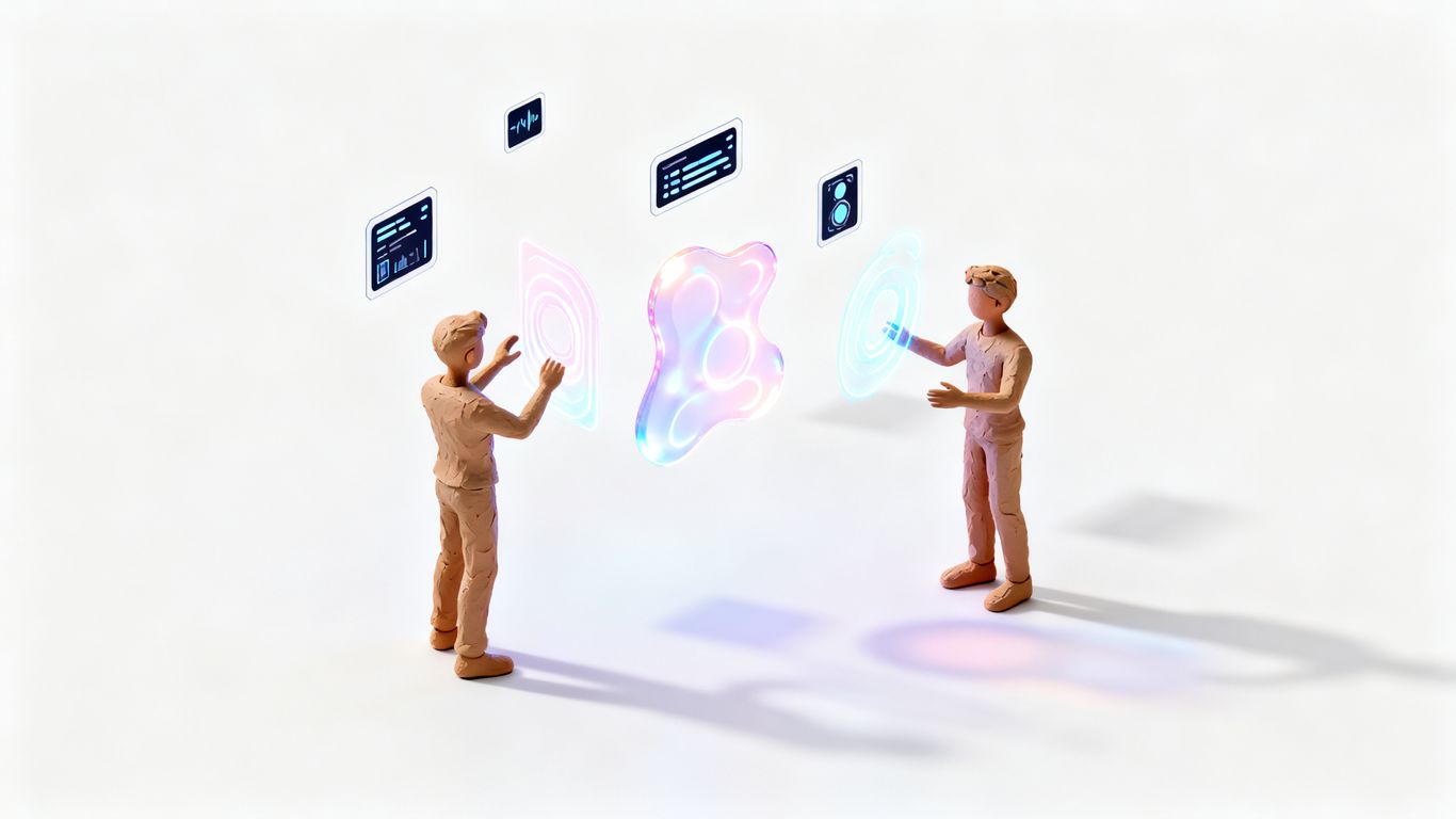Two clay figures interact with holographic displays and abstract shapes.