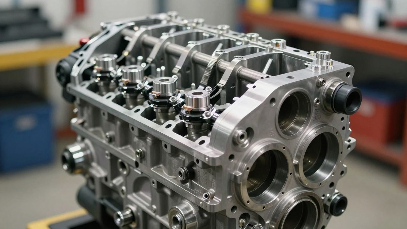 Engine block with intricate metal components