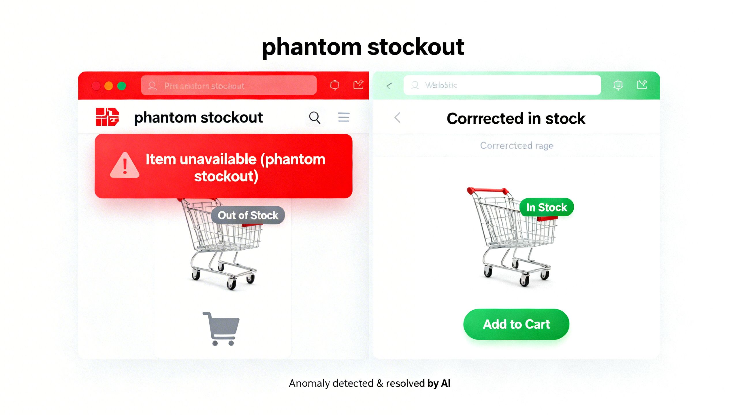 A split-screen image showing a website with a 'phantom stockout' error on one side, and a corrected, in-stock product page on the other, a problem solved by anomaly detection.