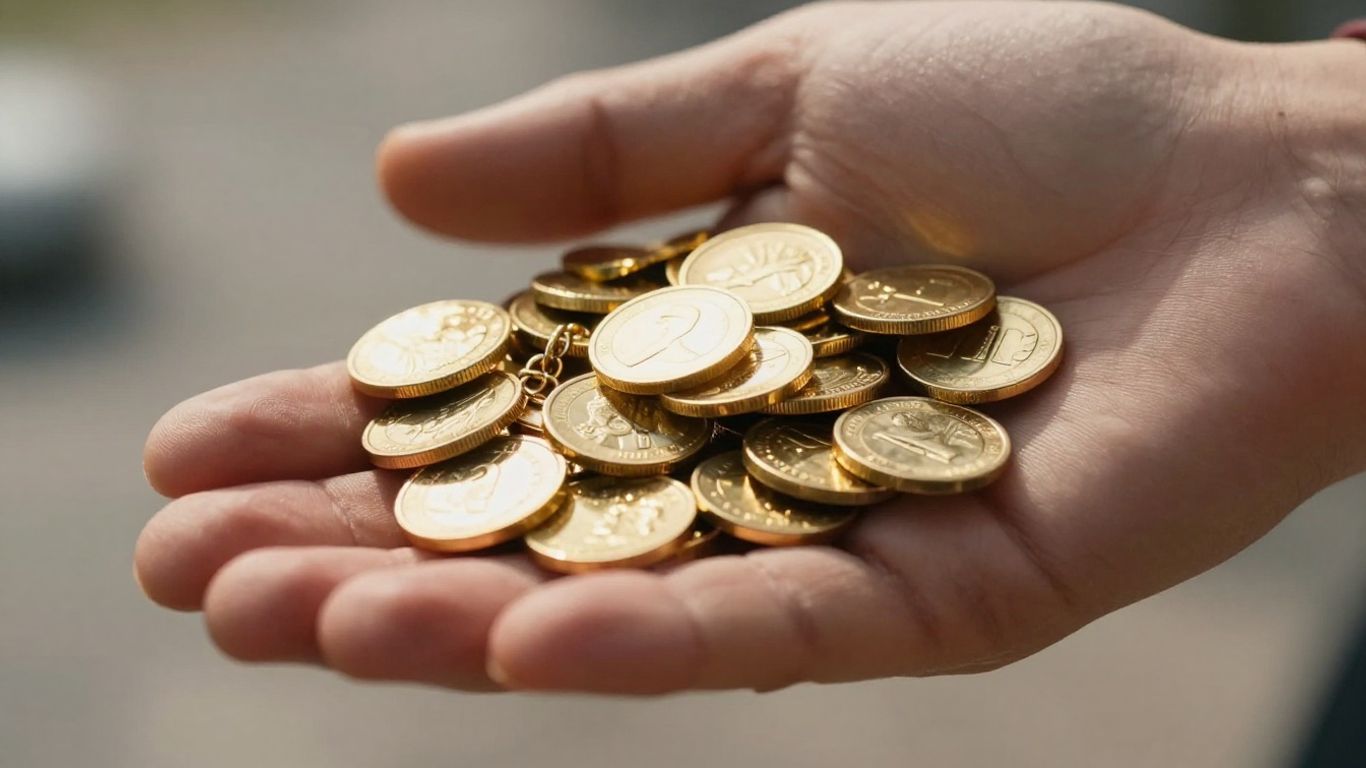 Main d'or tenant des pièces d'or et des bijoux.