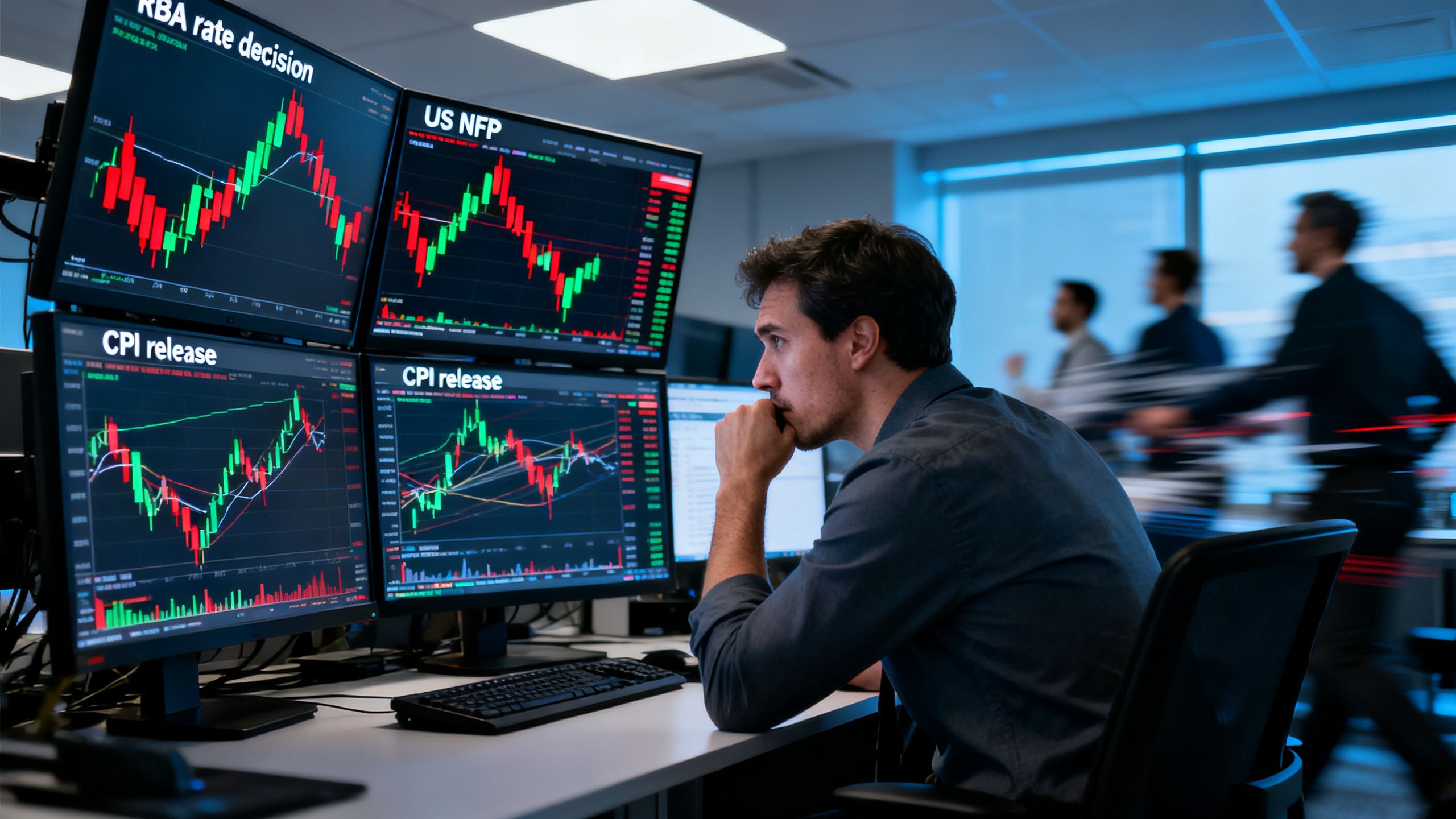 A retail CFD trader watching an RBA rate decision, US NFP, and CPI release while spreads widen and price candles whip violently across multiple screens, contrasting with faster institutional market participants