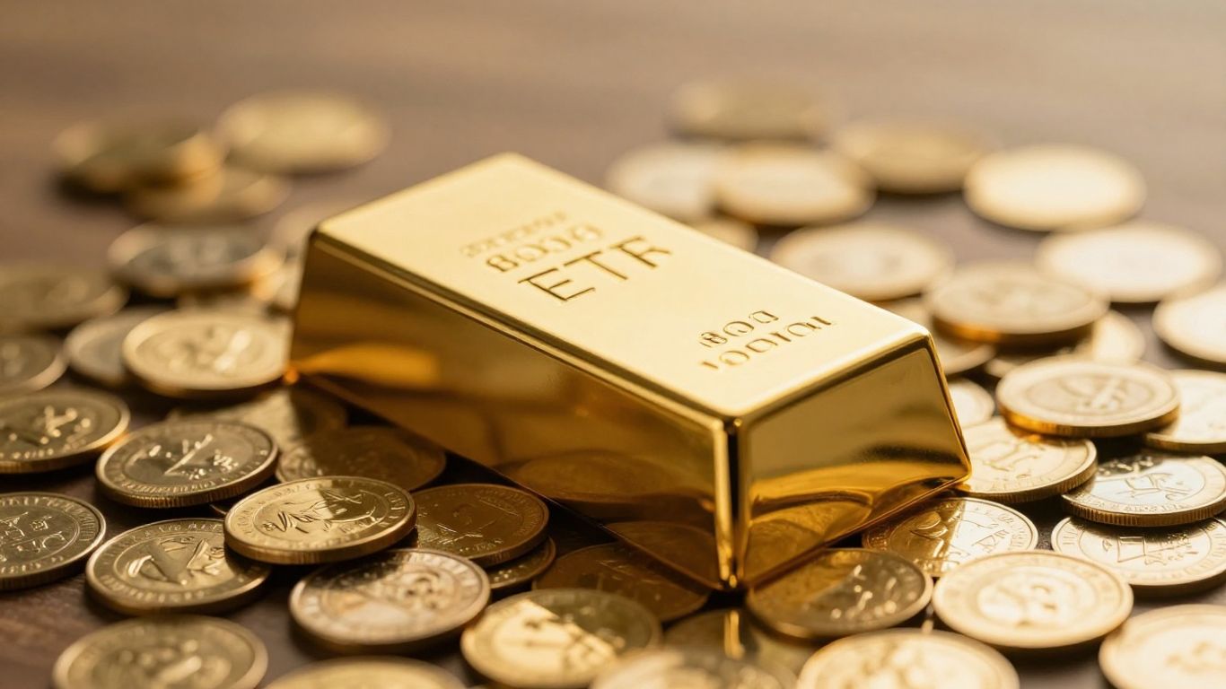 Goldbarren und Goldmünzen, Gold-ETF-Symbol.