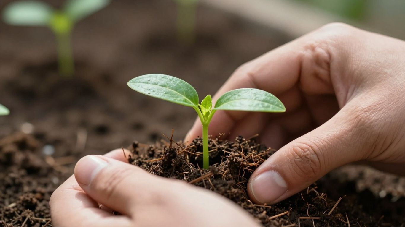 Hände pflegen junge Pflanze im Garten