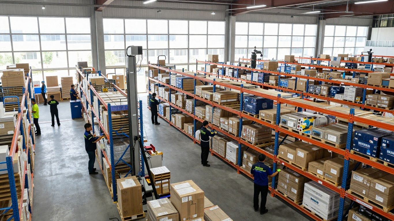 Distribution center operations with teams and logistics.