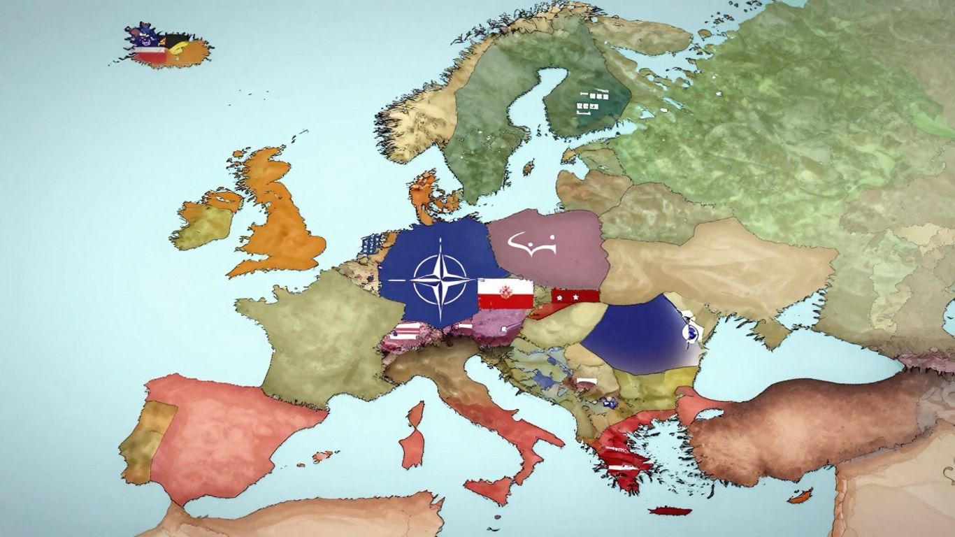 Map of Europe with NATO flags and geopolitical undertones.