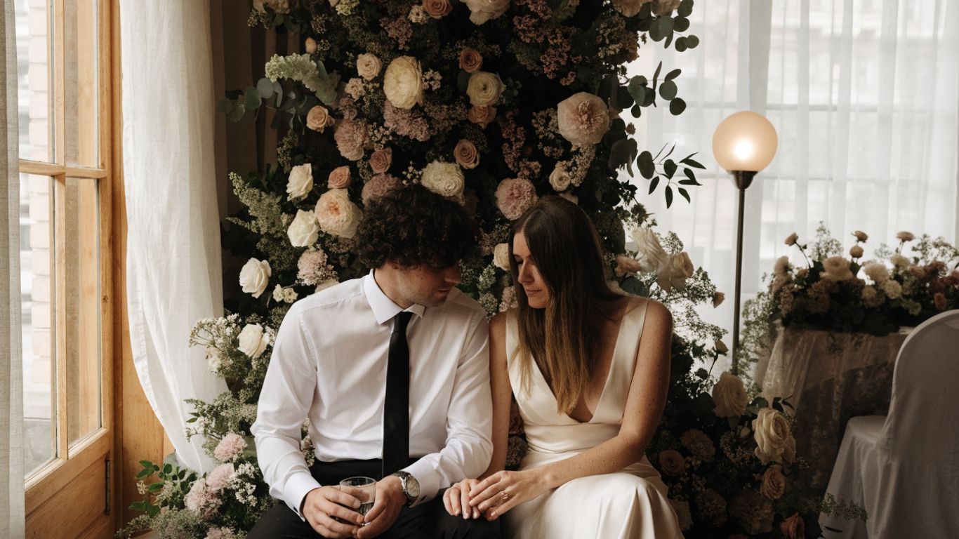 Couple posing beside a floral wedding photo backdrop