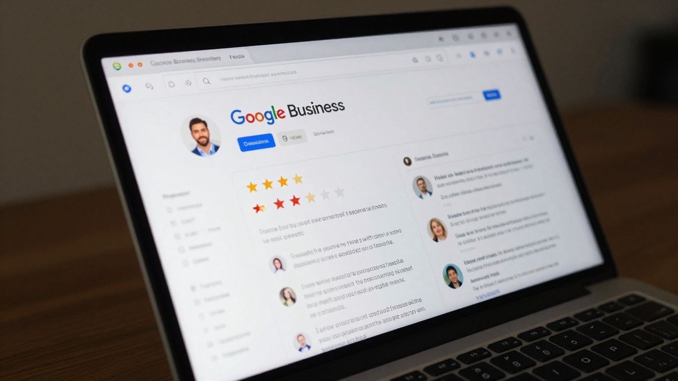 Google Business Profile login screen on a laptop.