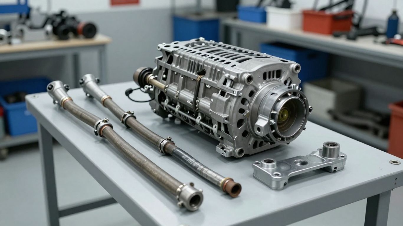 Bare engine assembly beside reusable vehicle components
