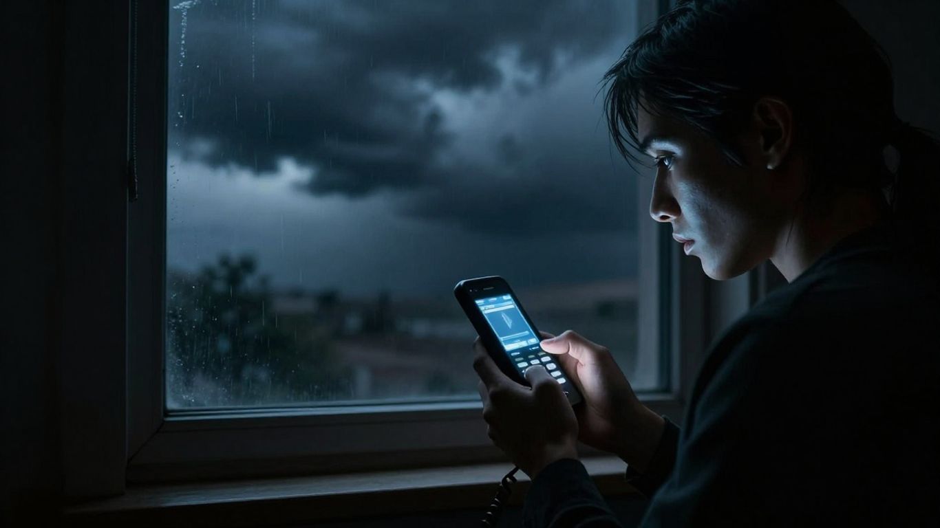 Person using satellite phone during a power outage.