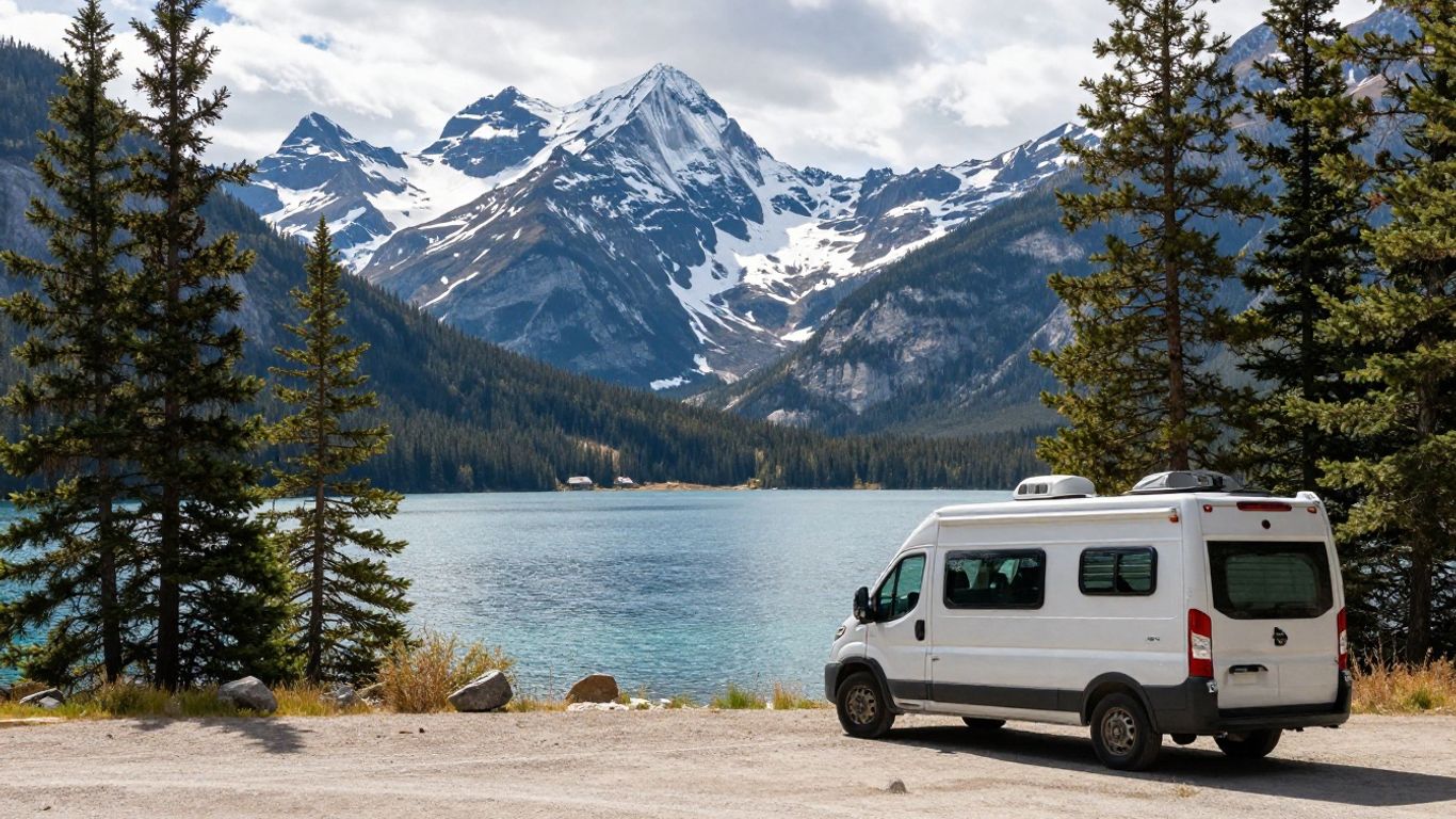 Motorhome parked by a Canadian lake with mountains.