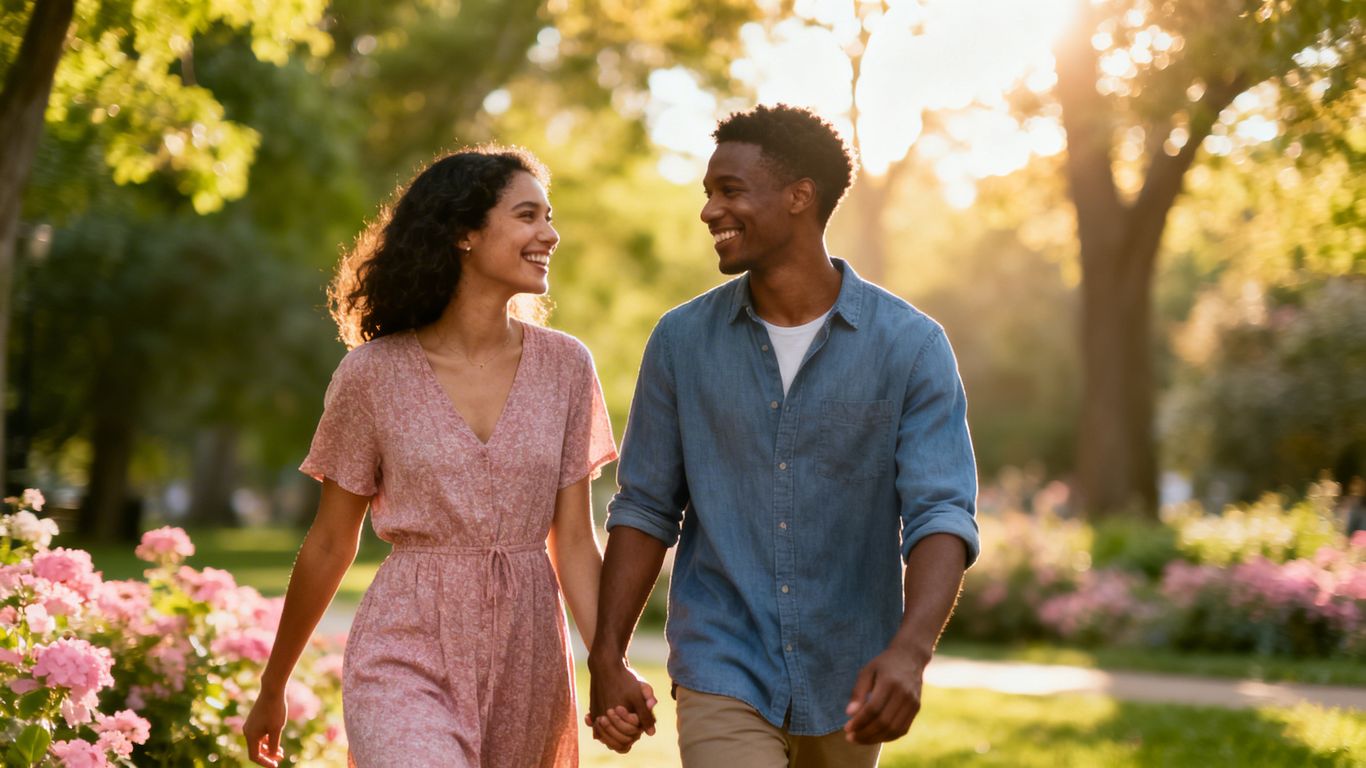 Couple walking hand-in-hand in a park.