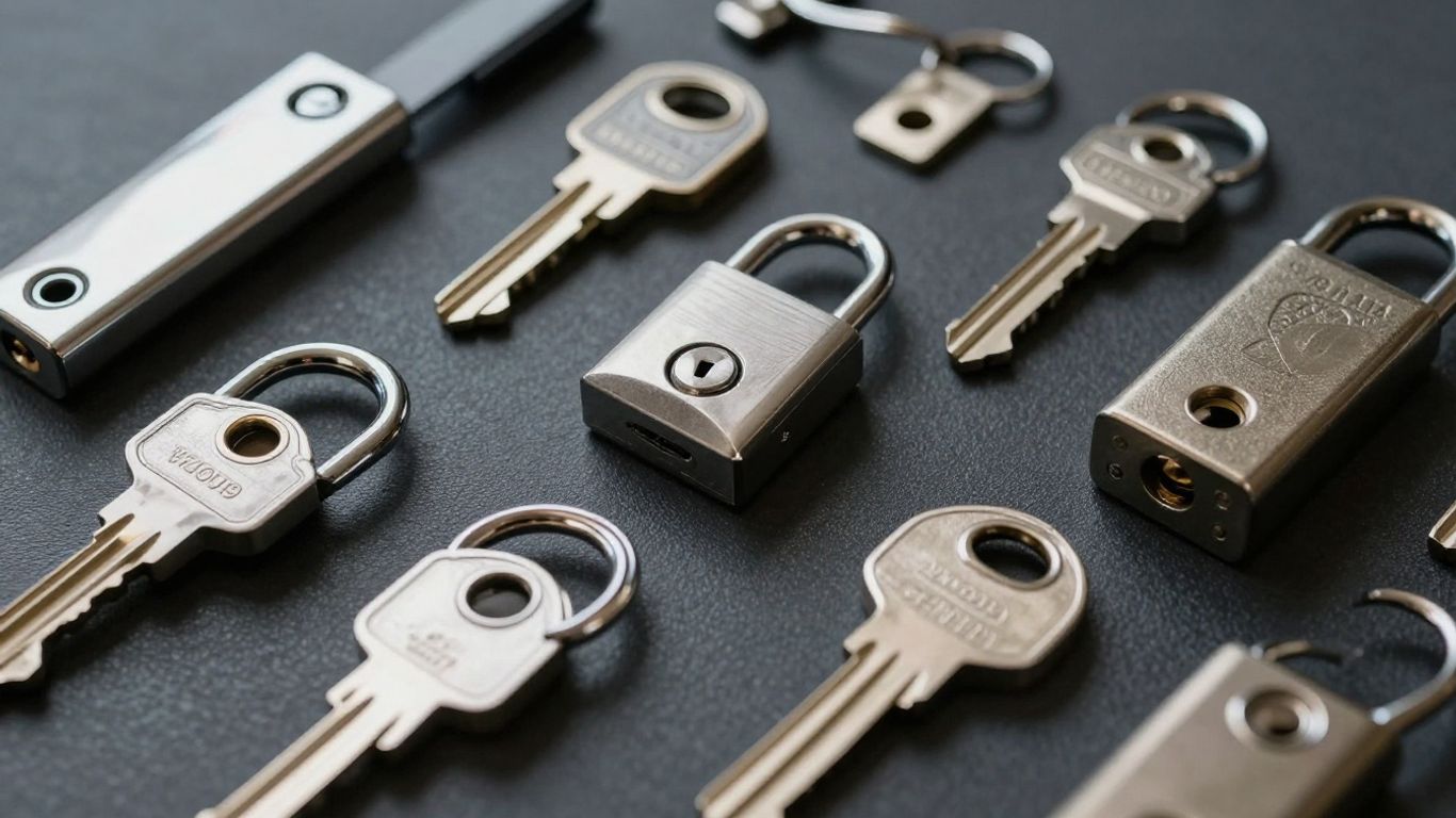Various high-security locks and keys on a dark surface.