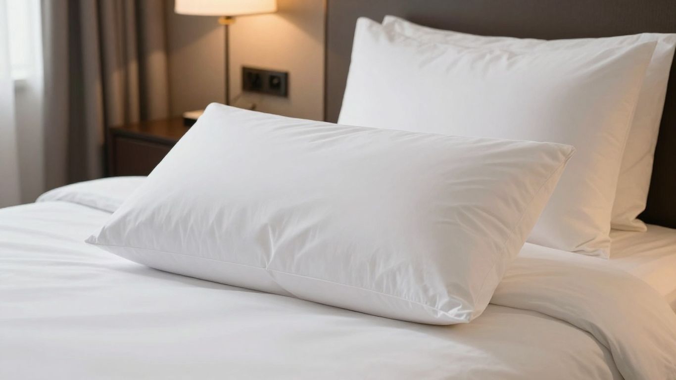 Plush Marriott pillow on a hotel bed.
