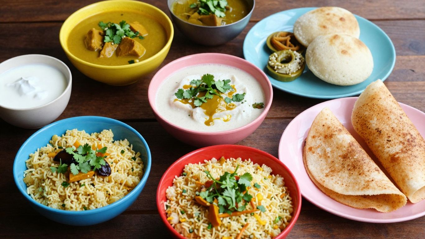 Indian vegetarian breakfast spread with poha, idli, dosa, and chutney.