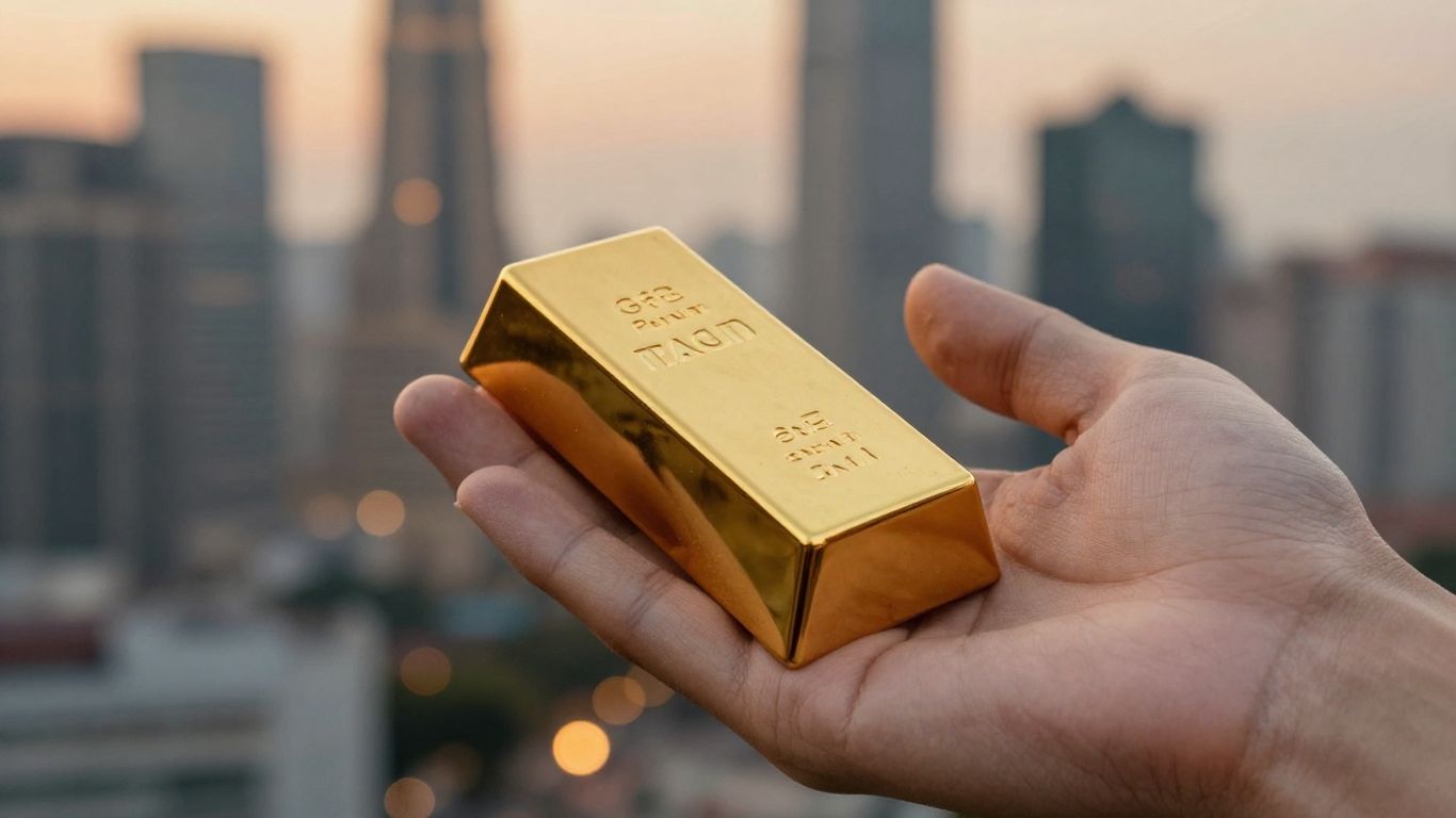 一隻金色的手拿著一根金條，背景是都市景觀。