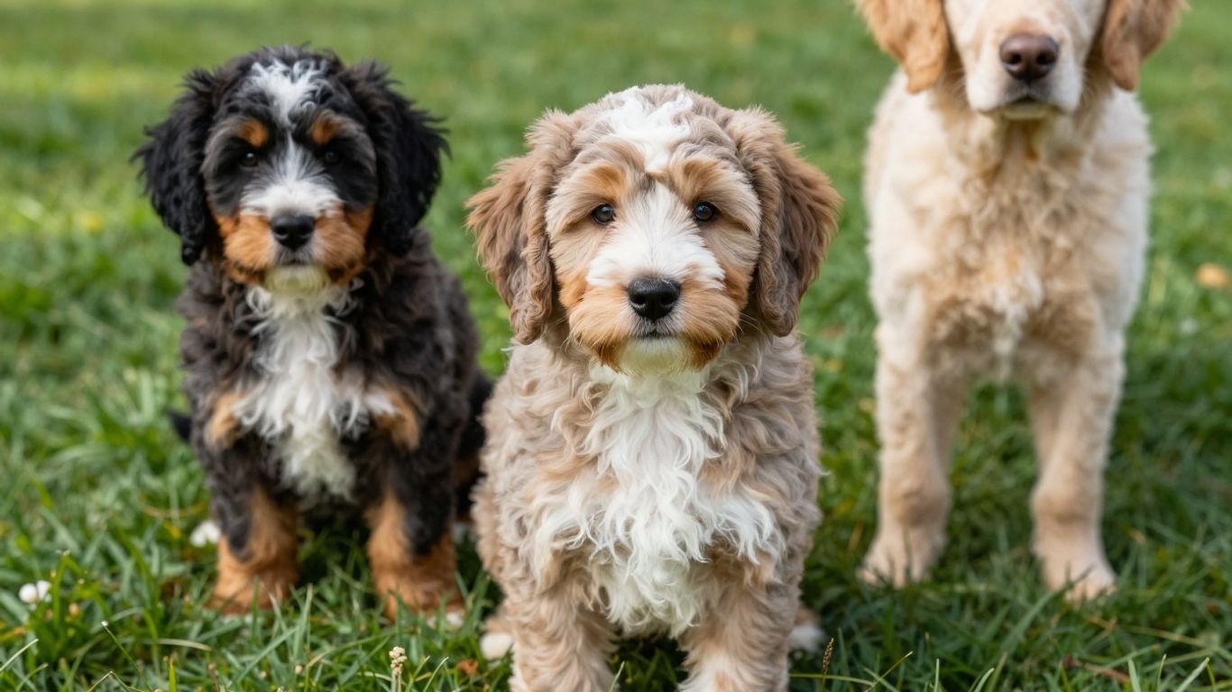 Bernedoodle puppies playing in a grassy field.