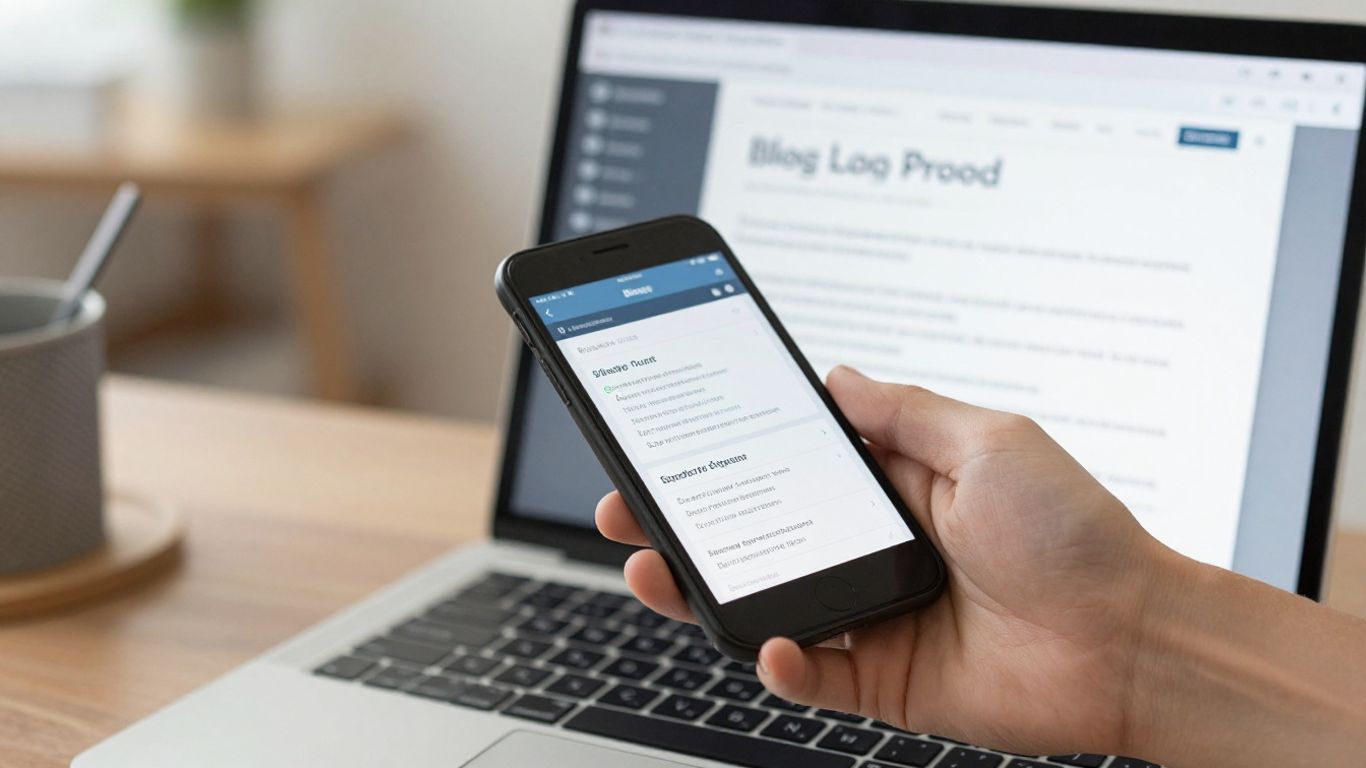 Laptop screen with affiliate marketing content and a hand holding a phone.