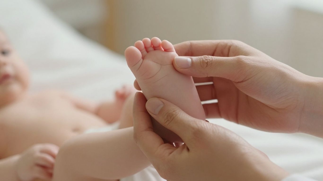 Healthcare professional holding a baby's foot.